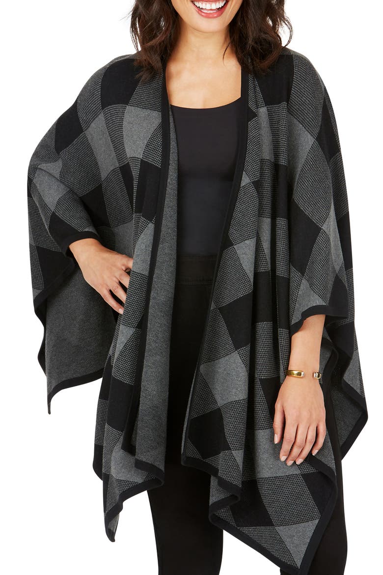 Walker Check Plaid Ruana, Main, color, BLACK