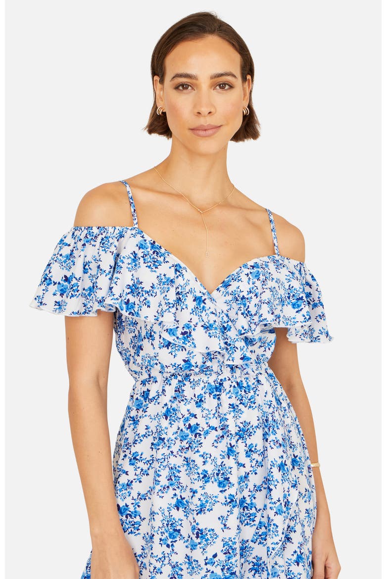 Floral Print Bardot Midi Dress, Alternate, color, Blue