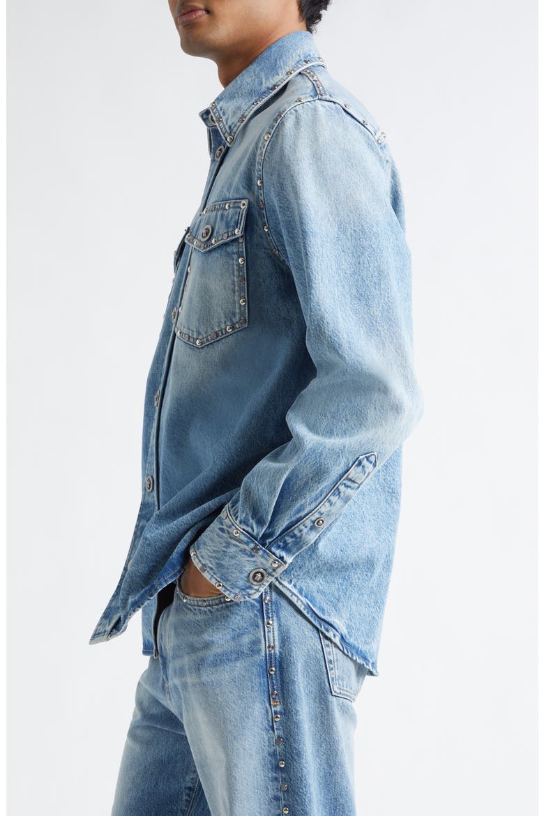 Medusa Studded Denim Button-Up Shirts, Alternate, color, LIGHT BLUE