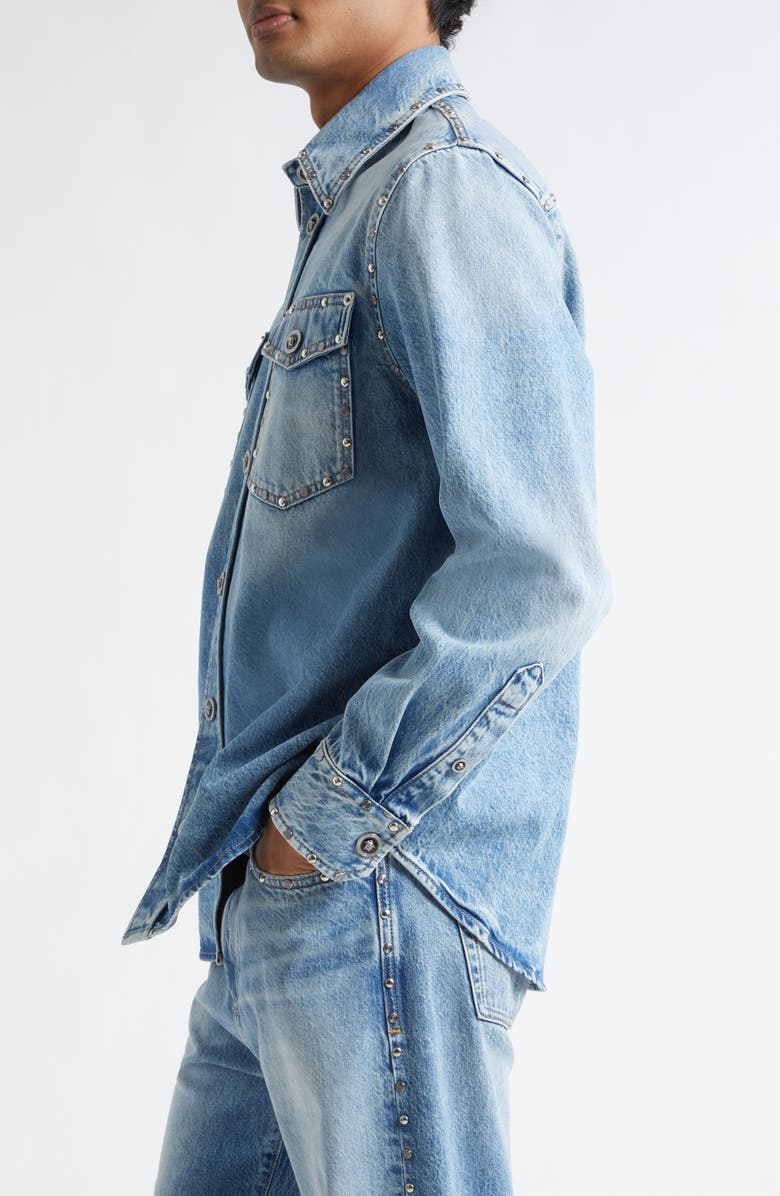 Versace Medusa Studded Denim Button-Up Shirts, Alternate, color, Light Blue