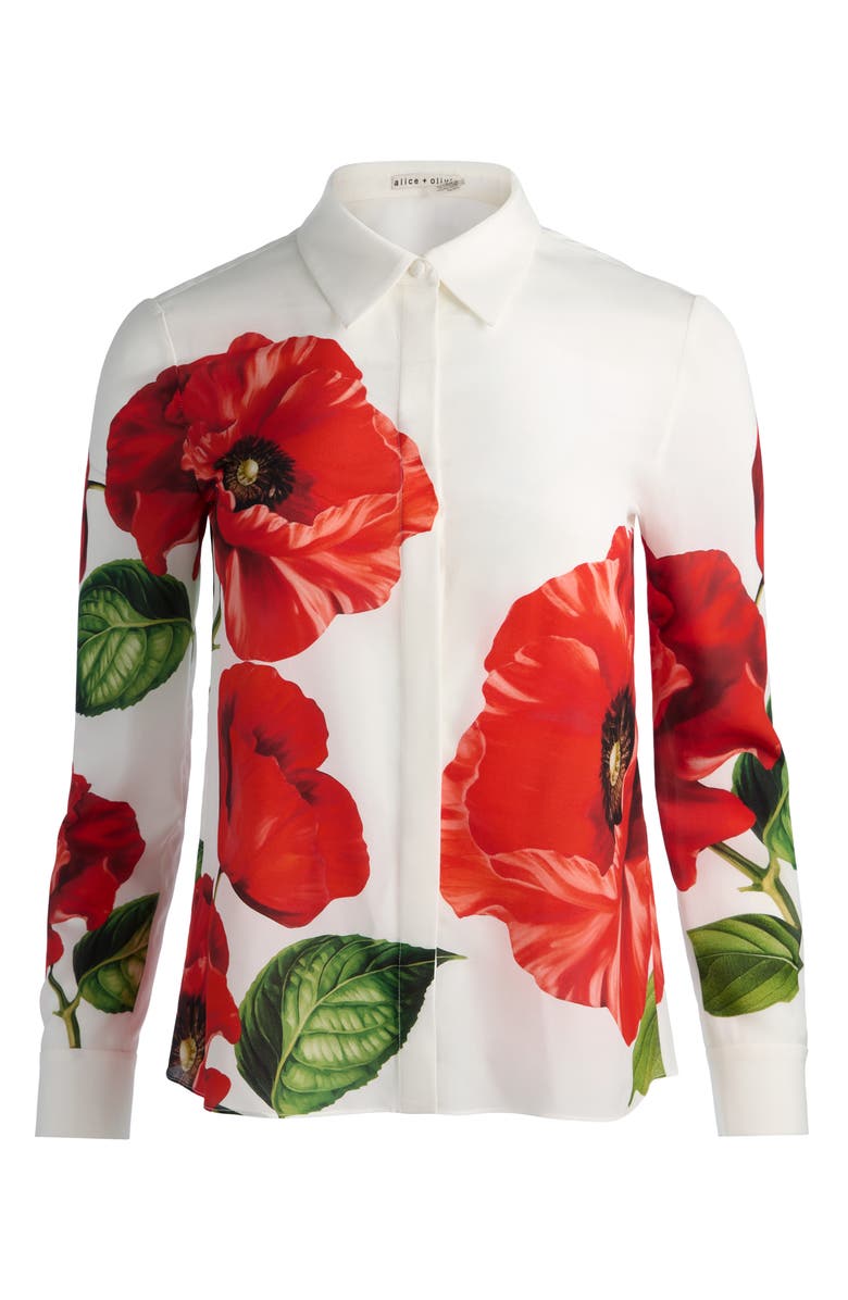 Alice + Olivia Willa Floral Print Silk Button-Up Shirt, Alternate, color, Summer Poppy