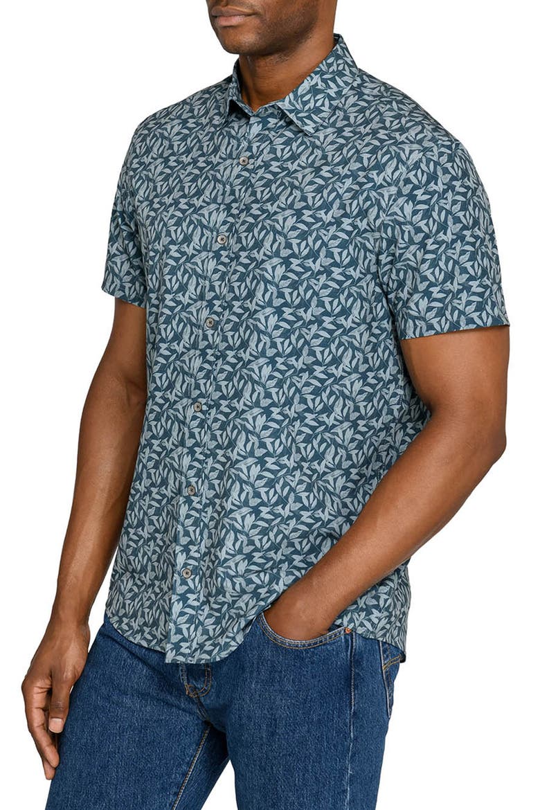 Leaf Print Short Sleeve Button-Up Shirt, Alternate, color, GREEN