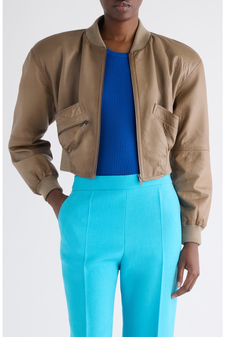 Crop Leather Bomber Jacket, Main, color, BAOBAB BROWN