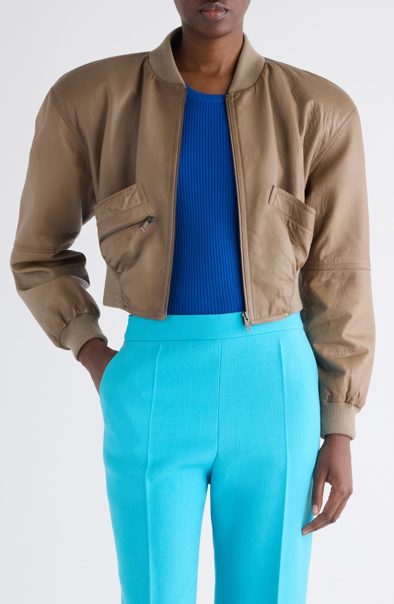 Chloé Crop Leather Bomber Jacket, Main, color, Baobab Brown
