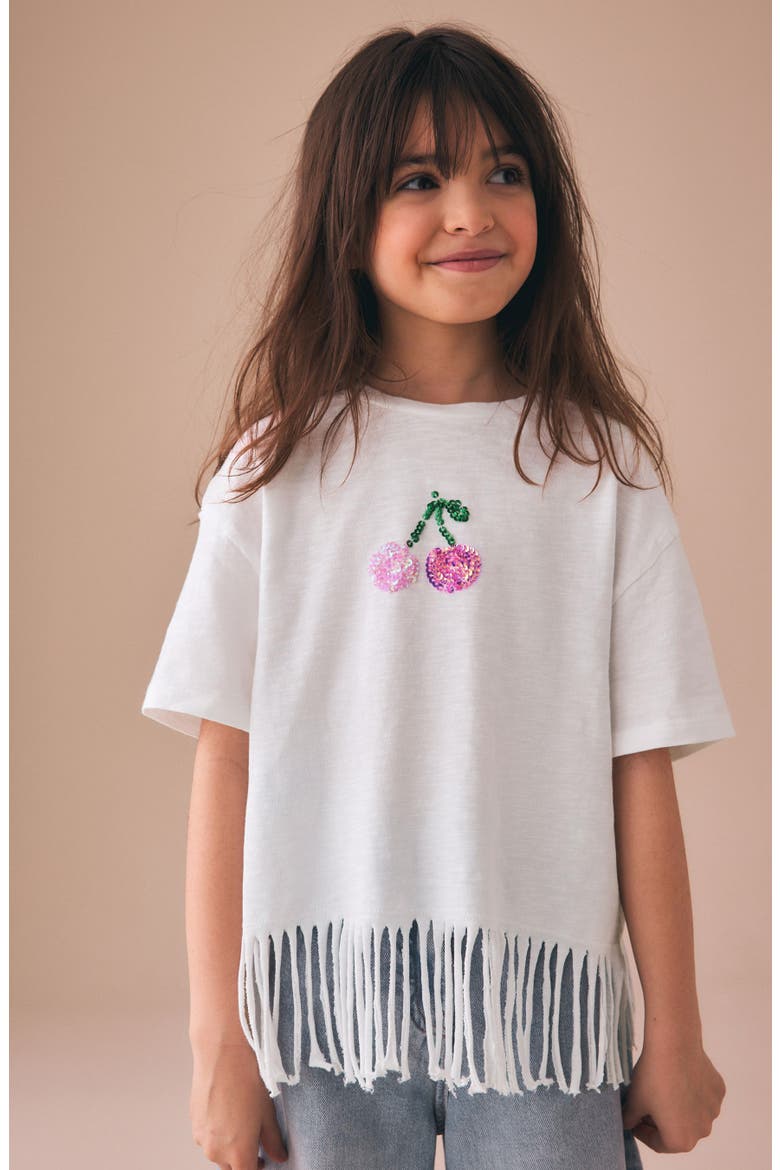 Kids' Sequin Cherry Fringe Trim Cotton T-Shirt, Alternate, color, NEUTRAL