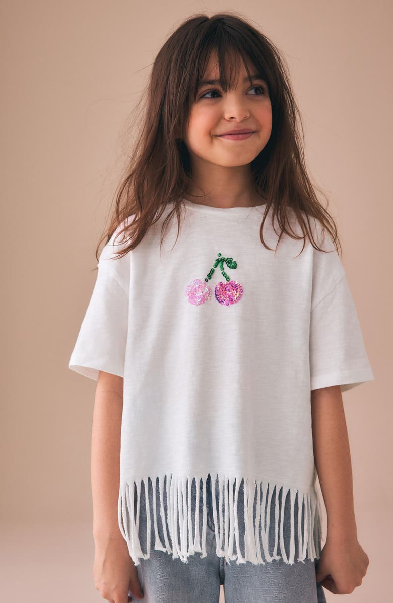NEXT Kids' Sequin Cherry Fringe Trim Cotton T-Shirt, Alternate, color, Neutral