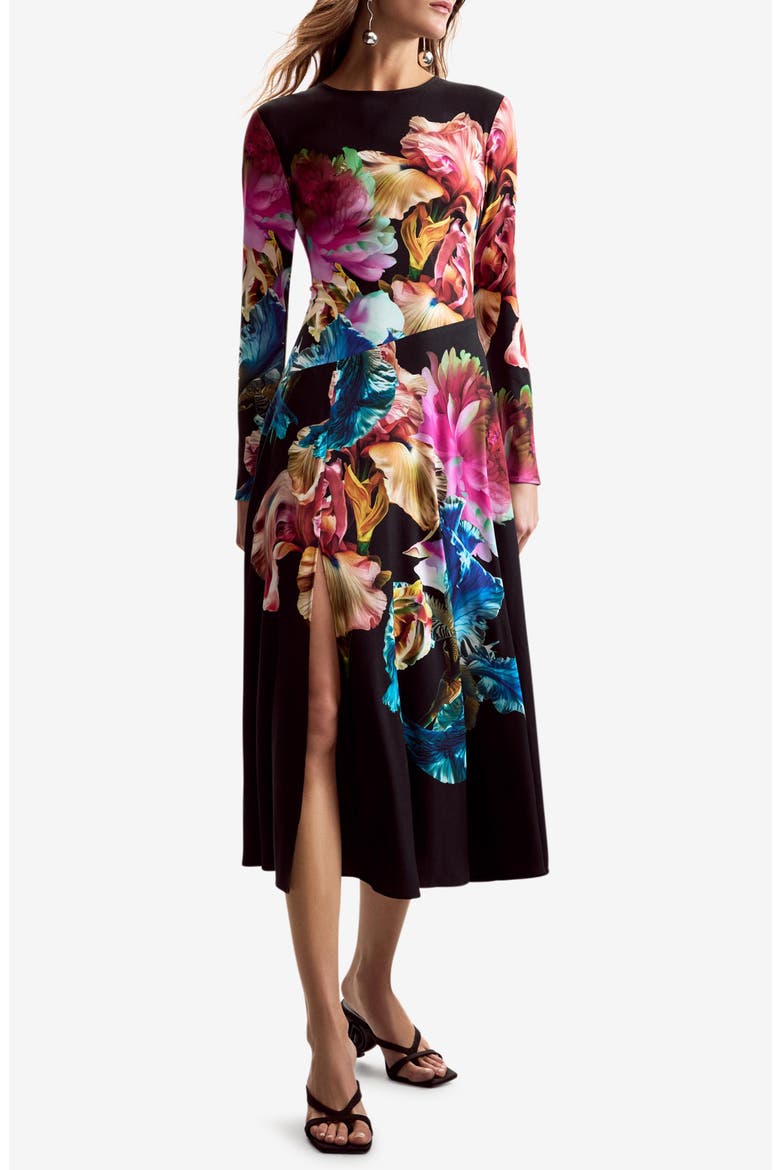 Floral Print Long Sleeve Midi Dress, Main, color, BLACK