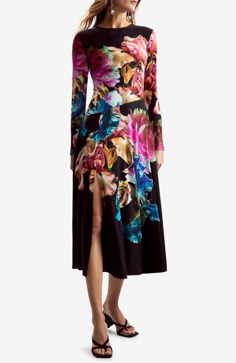 Floral Print Long Sleeve Midi Dress
