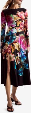 Desigual Floral Print Long Sleeve Midi Dress
