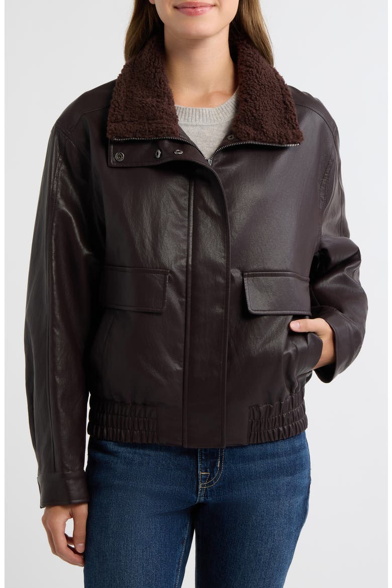 Faux Leather Stand Collar Bomber Jacket, Alternate, color, SPICED PECAN