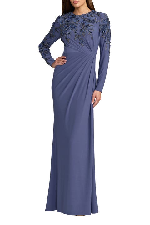 High Neck Long Sleeve Beaded Jersey Gown