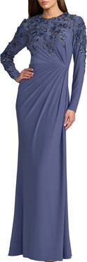 Mac Duggal High Neck Long Sleeve Beaded Jersey Gown