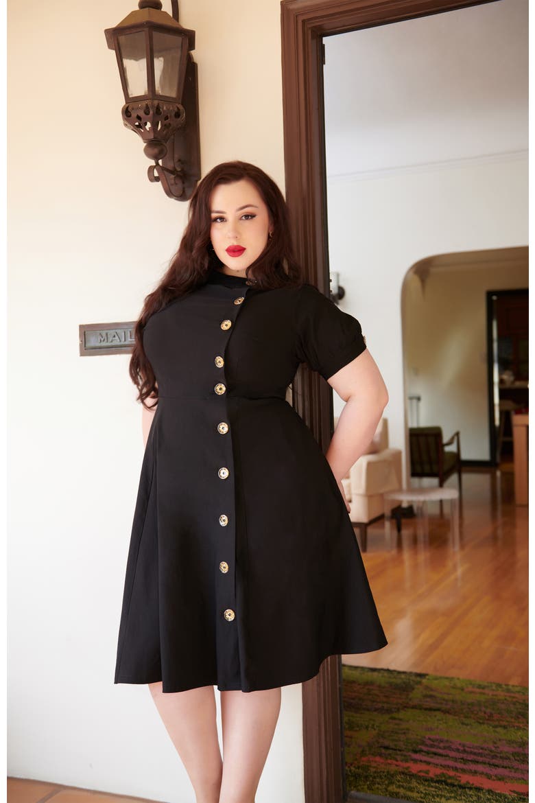 Plus Size Asymmetrical Button Woven Swing Dress, Alternate, color, Black
