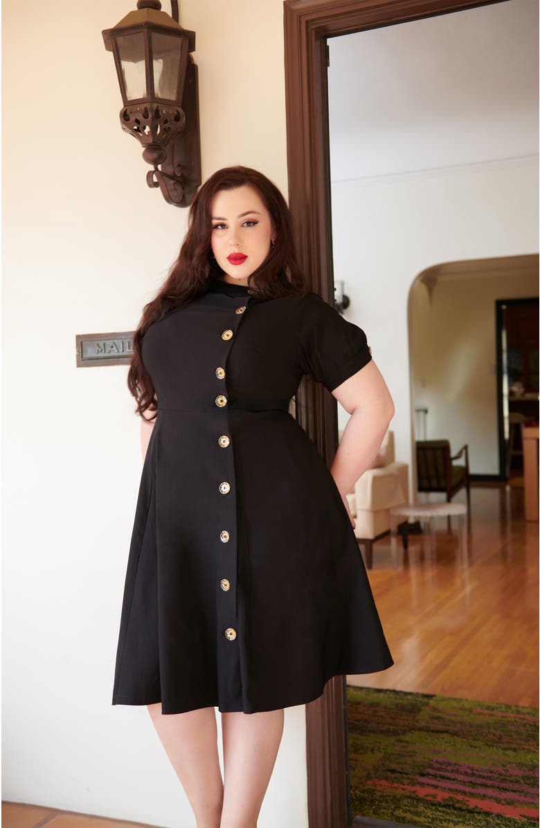 Unique Vintage Plus Size Asymmetrical Button Woven Swing Dress, Alternate, color, Black