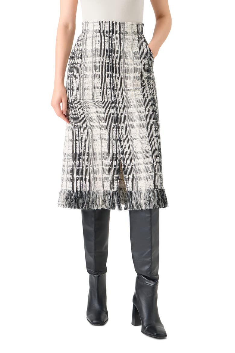 Fringe Trim Mixed Tweed Midi Skirt, Main, color, BLACK-IVORY