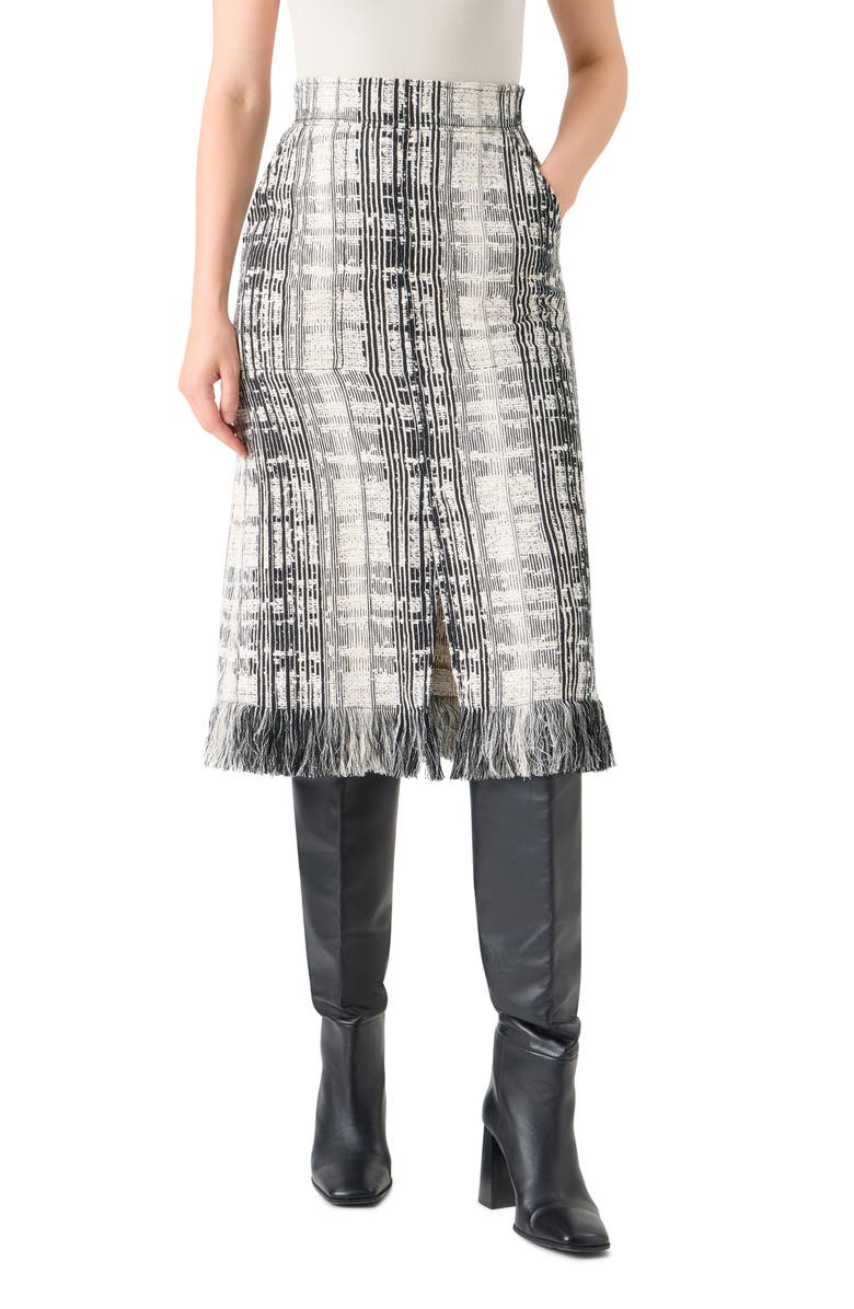 Akris punto Fringe Trim Mixed Tweed Midi Skirt, Main, color, Black-Ivory