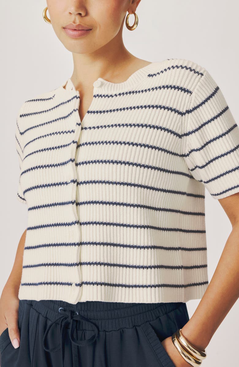 Splendid Delilah Stripe Cotton Cardigan, Alternate, color, Mood Indigo Blue/ Shell