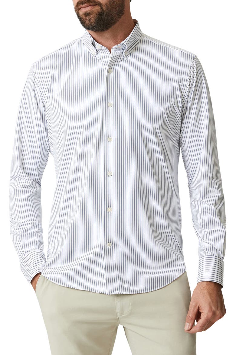 Modern Fit Stripe Tech Button-Up Shirt, Main, color, WHITE