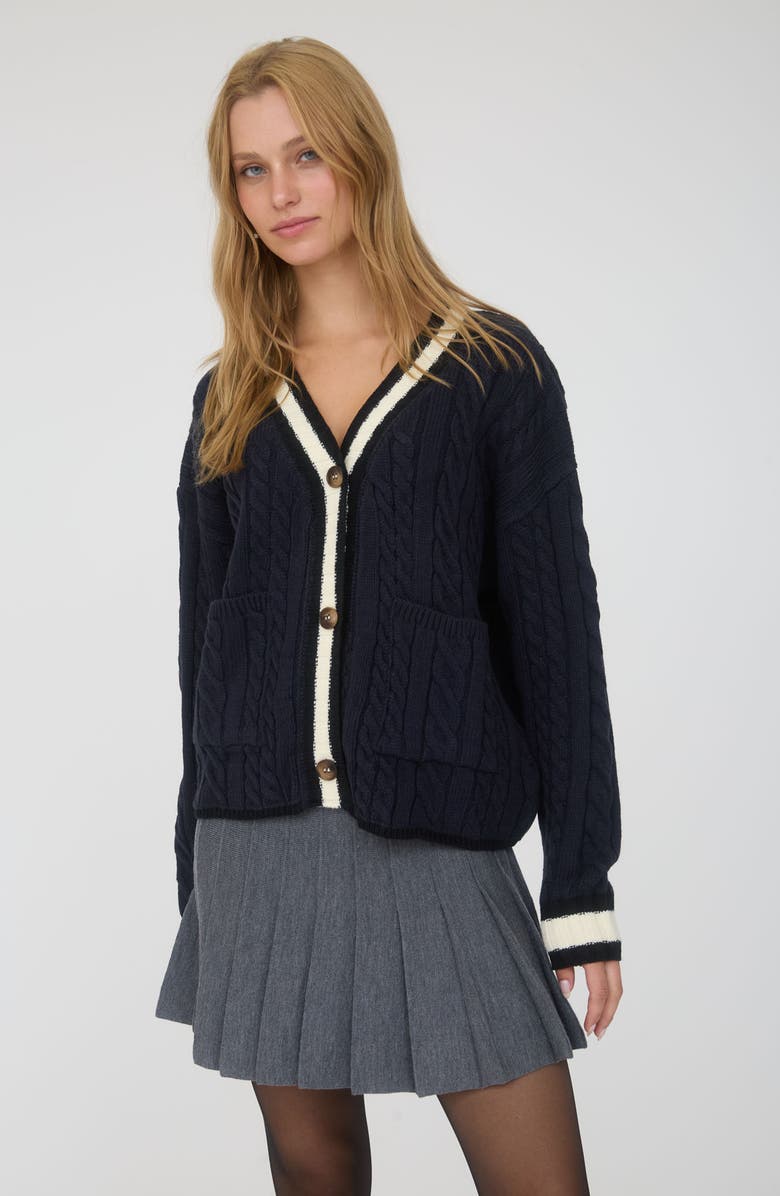 Blu Pepper Stripe Trim Cable Stitch Cardigan, Alternate, color, Navy