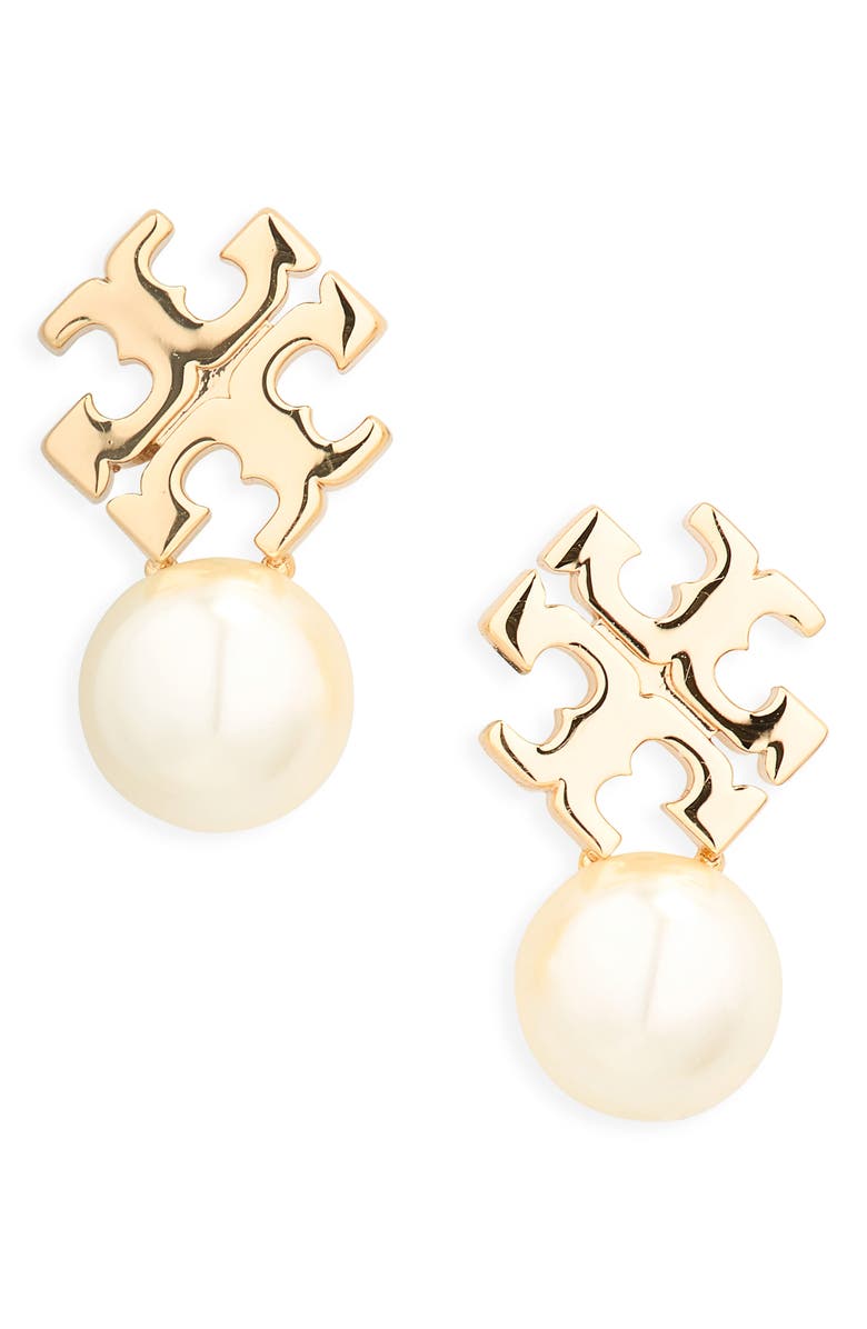 Tory Burch Moondance Faux Pearl & Icon Stud Earrings, Main, color, Tory Gold / Pearl