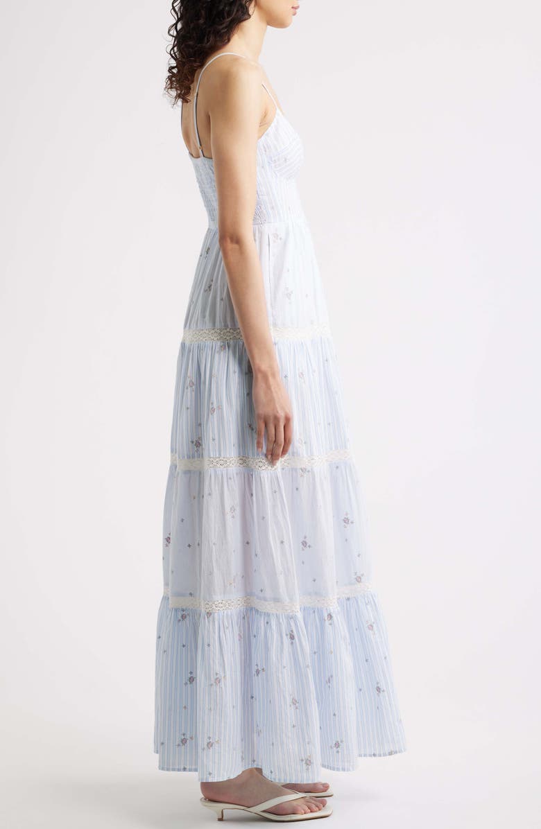 LoveShackFancy Story Floral Mixed Stripe Cotton Maxi Dress, Alternate, color, Sky Mist
