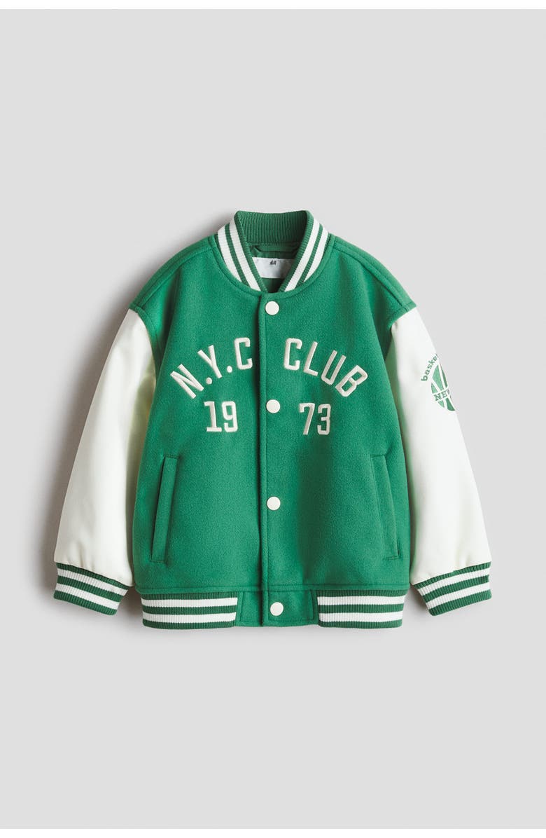 H&M Motif-detail baseball jacket, Alternate, color, Green/N.y.c Club