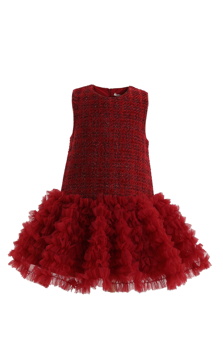 Tulleen Tweed & Tulle Ruffle Dress, Main, color, Red