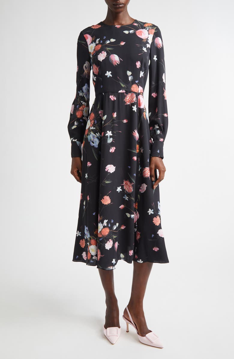 Erdem Floral Long Sleeve Crepe Midi Dress, Main, color, Dutch Flower Painting Black