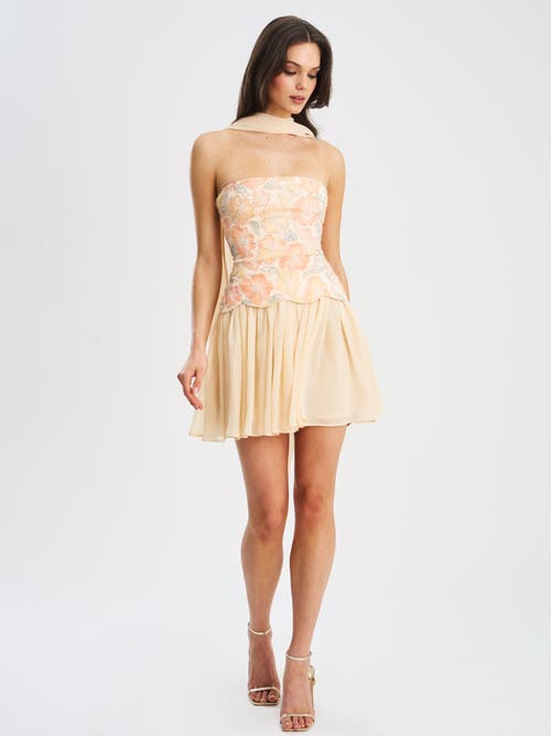 Miss Circle Women Quanisha Yellow Beaded Floral Mini Chiffon Dress With Scarf In Neutral