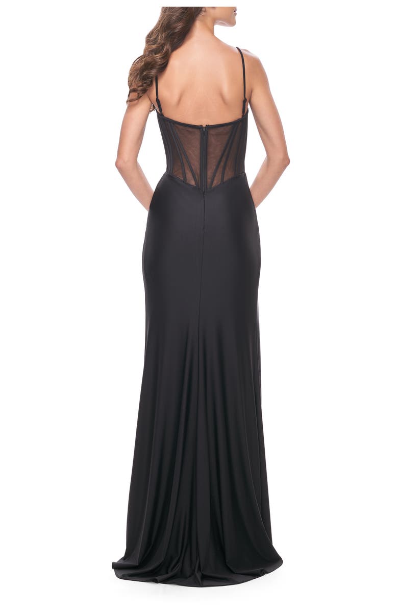 La Femme Jersey Dress with Illusion Detail and Boning on Bodice, Alternate, color, Black