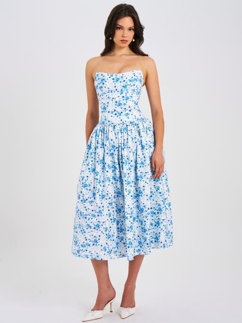Miss Circle Paloma Linen Corset Draping Top Midi Dress In Blue