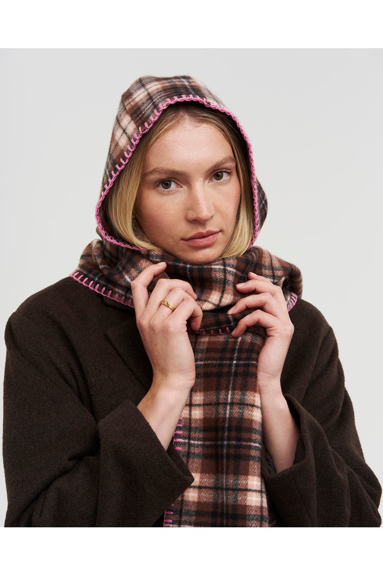 Check Hooded Scarf, Alternate, color, Brown