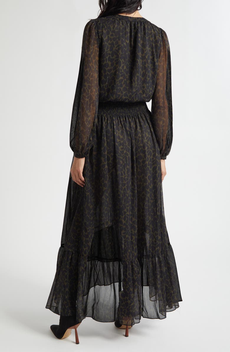 Ramy Brook Teresa Metallic Belted Long Sleeve Maxi Dress, Alternate, color, Black / Deep Olive Foliage