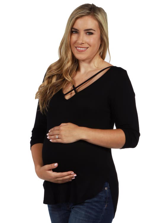 24seven Comfort Apparel Criss Cross Round Hemline Maternity Tunic Top In Black