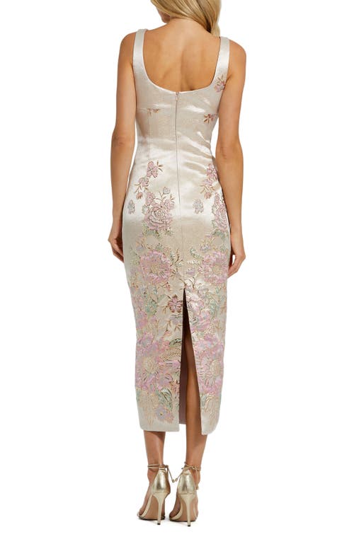 Mac Duggal Slim Strap Scoop Neck Bustier Brocade Midi Dress In Champagne Multi