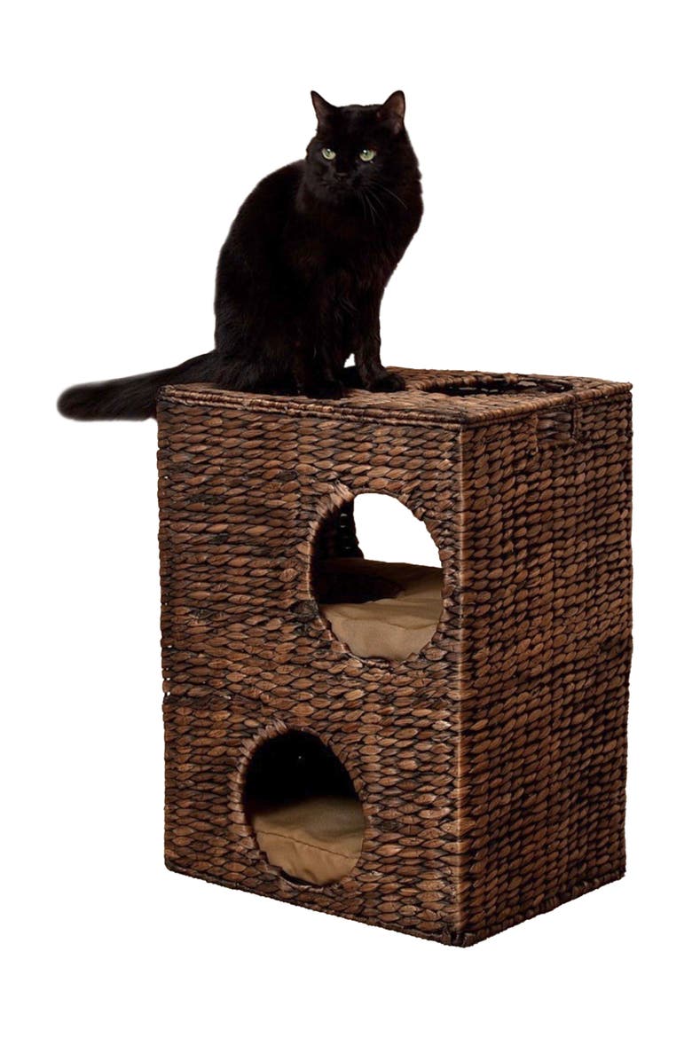 Jaxon 18" 2-Tier Handwoven Hyacinth Rectangular 5-Hole Cat Condo, 2 Machine-Washable Cushions, Main, color, Brown