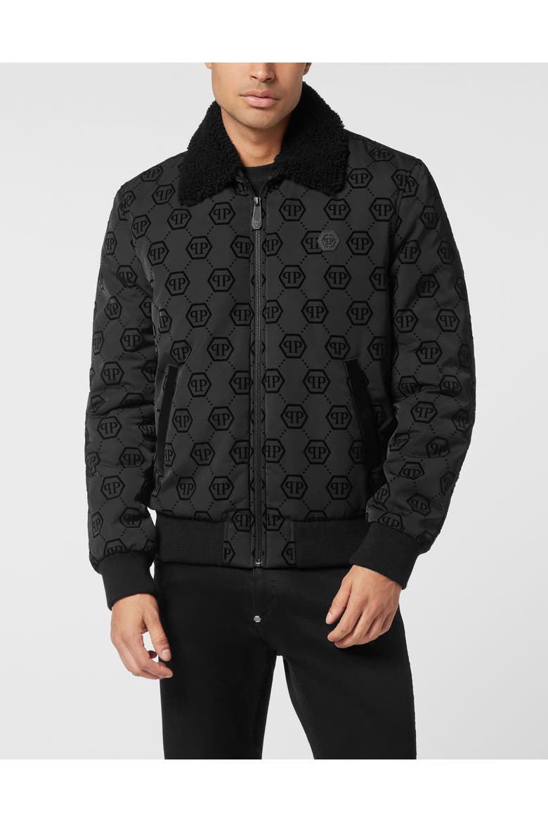 Wool Aviator Bomber With Shearling Collar Monogram Men, Main, color, black