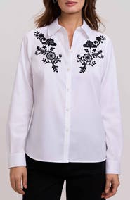 Foxcroft Hampton Floral Embroidered Cotton Blend Button-Up Shirt