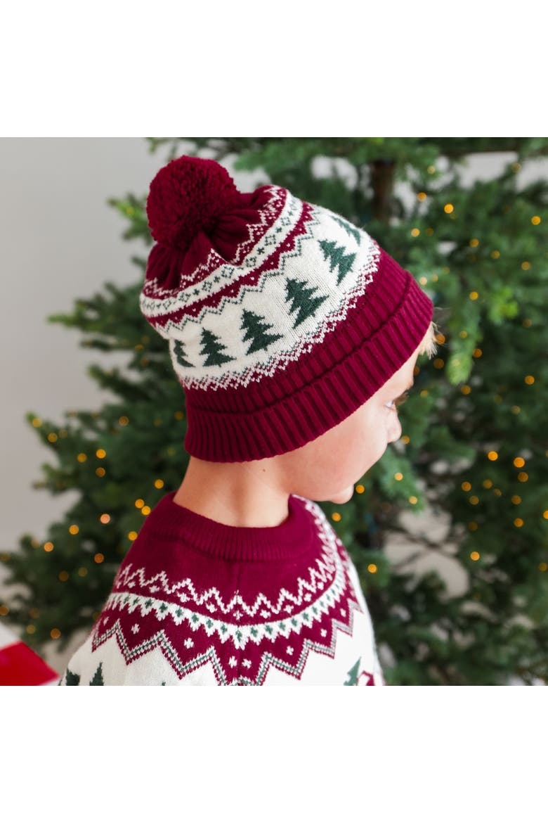 Christmas Tree Fair Isle Beanie, Alternate, color, Burgundy