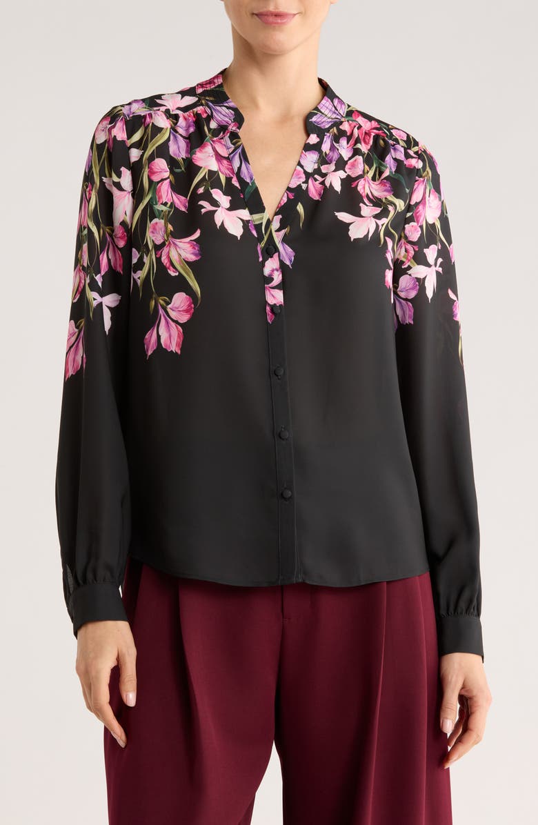 Gemma + Jane Long Sleeve Button-Up Shirt, Main, color, Black/ Pink Floral