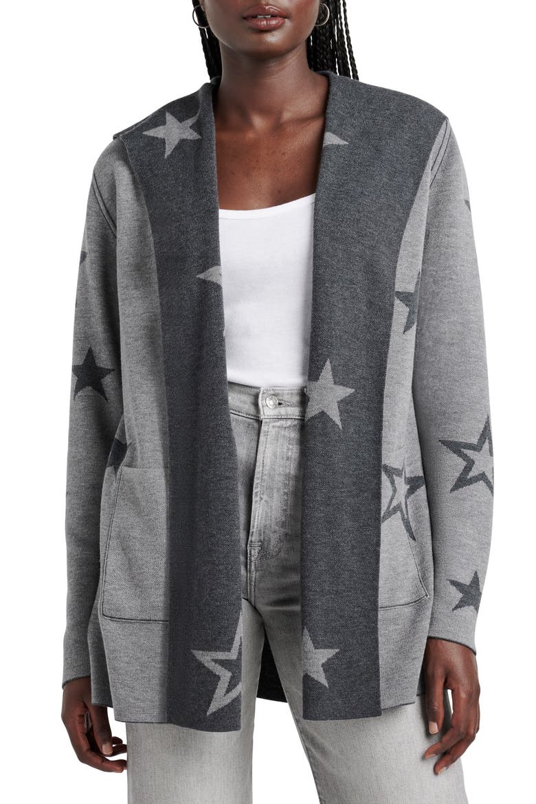 Sydney Star Print Reversible Open Front Hooded Cardigan, Main, color, HEATHER SHADOW STARS
