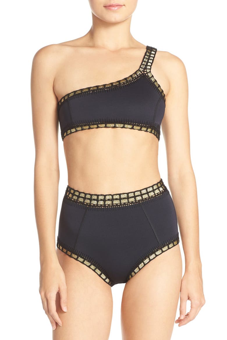 'ChaCha' One-Shoulder Bikini Top, Alternate, color, BLACK/ GOLD