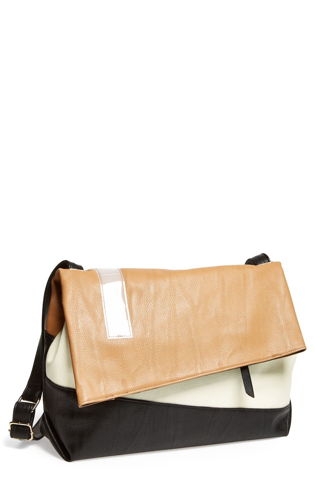 'Large' Asymmetrical Faux Leather Crossbody Bag, Main, color, TAN/ WHITE/ BLACK