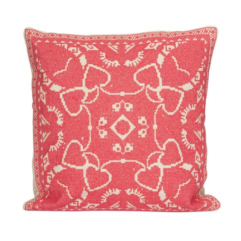 Cotton Pillow with Embroidered Design and Chambray Back, Pink and Natural