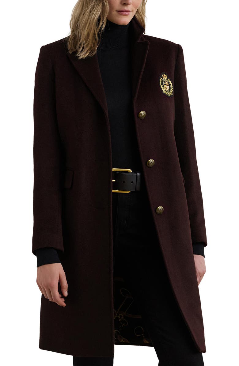 Lauren Ralph Lauren Crest Patch Wool Blend Reefer Coat, Main, color, Pinot Noir