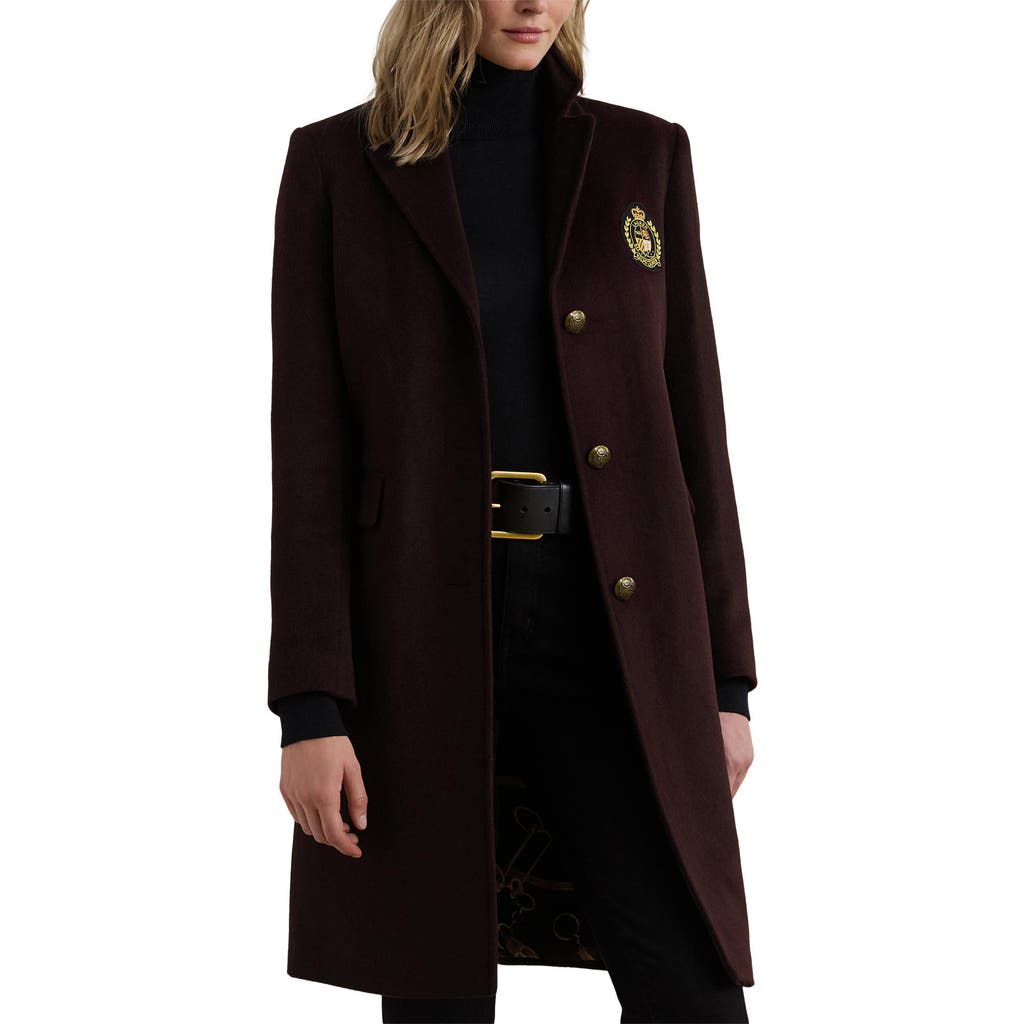 Ralph Lauren Lauren Crest Patch Wool Blend Reefer Coat In Burgundy