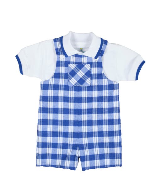 Florence Eiseman Plaid Seersucker Shortall With Front Pocket In Blue