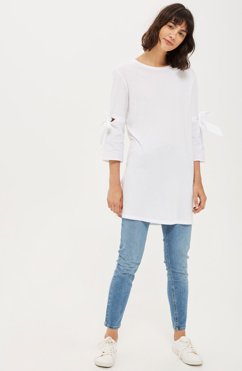 Topshop Tie Trumpet Sleeve Tunic, Alternate, color, 