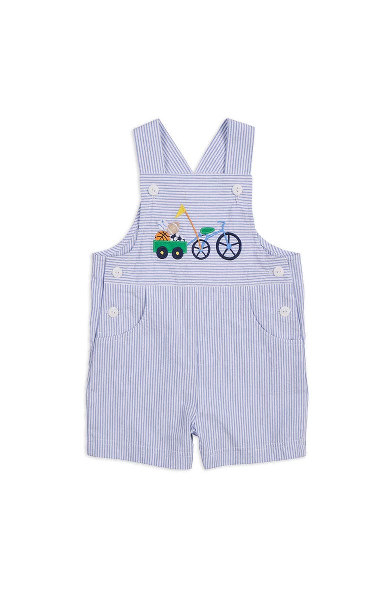 Florence Eiseman Seersucker Shortall With Bike & Sport Balls, Main, color, Blue / White