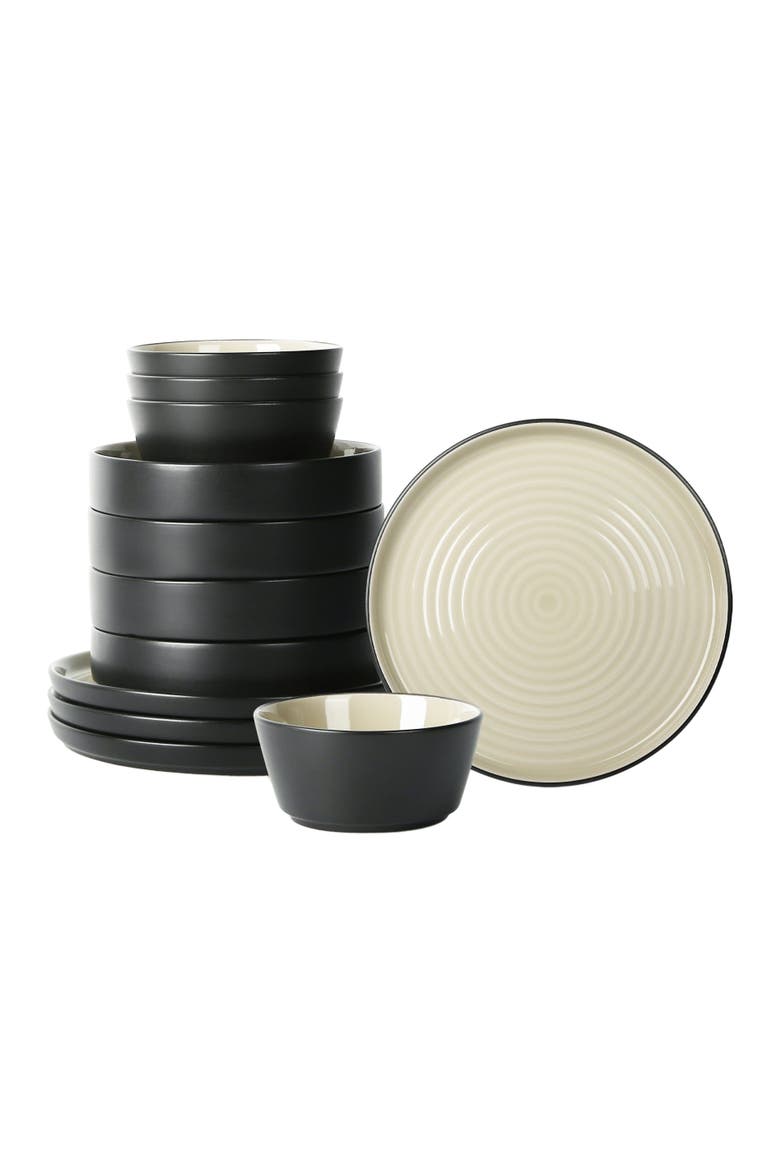 Elica Stoneware 12-Piece Dinnerware Set, Main, color, Beige and Black